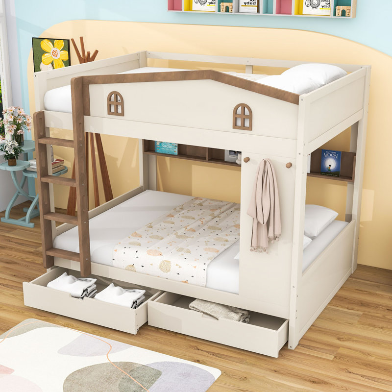 Lit superposé grand sur grand avec tiroirs et tablettes de rangement, Beige / Naturel