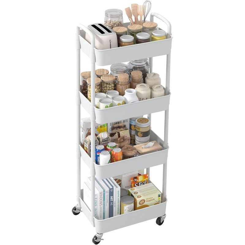 4-Tier Plastic Rolling Utility Cart with Handle, Multi-Functional Storage Trolley, Living Room, Kitchen, Movable Storage Organizer with Wheels