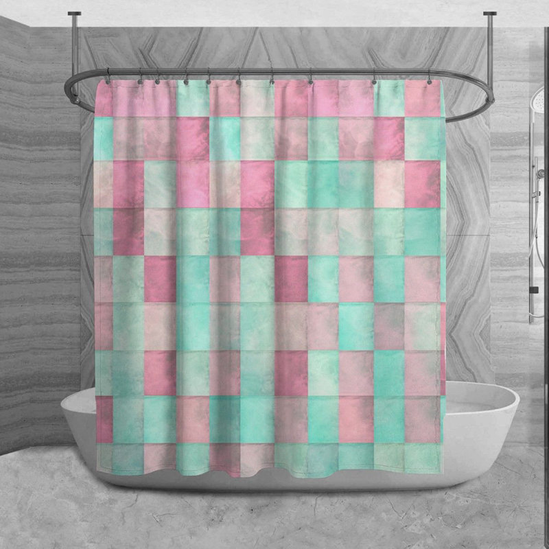 Rideau de douche à carreaux Shaima, Rose / Turquoise, H 84 po x l 70 po