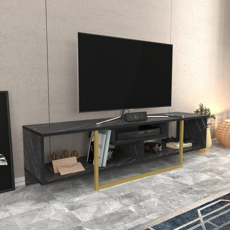 Meuble télé moderne avec finition noire et dorée, 59,1 po x 13,9 po x 15,7 po | 100% panneau de particules enduit de mélamine, épaisseur: 0,7 pouce | Design glamour en marbre, parfait pour le salon et les espaces de divertissement
