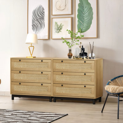 2 3 Rope Woven Storage Cabinet. And Solid Wood. For Bedroom, Living Room Storage. Oak Elegant Design. Spacious Drawers. Easy Assembly With Tipping. 50lbs Tabletop, 20lbs Drawer Load 2 Cabinet Area,