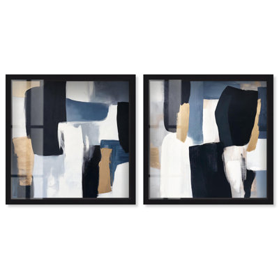 Color Clash Duo Shadowbox Print Blue Livingroom Art Set by Art Remedy, Black Frame, 12 x 12