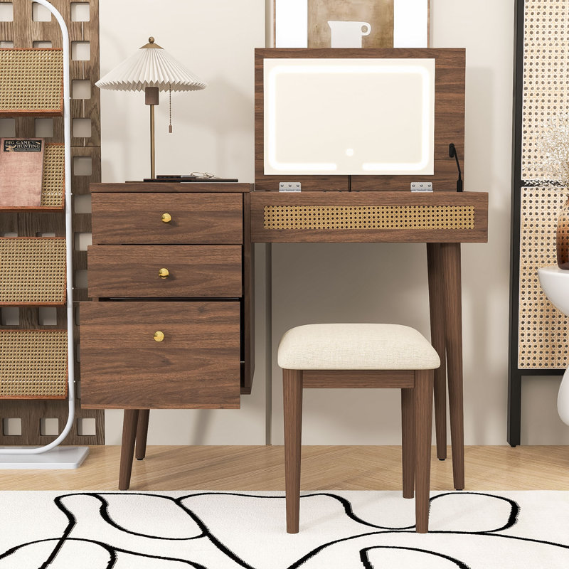 Makeup Vanity Desk with LED Flip-Top Mirror, Stool, 3 Drawers & 10 Compartments