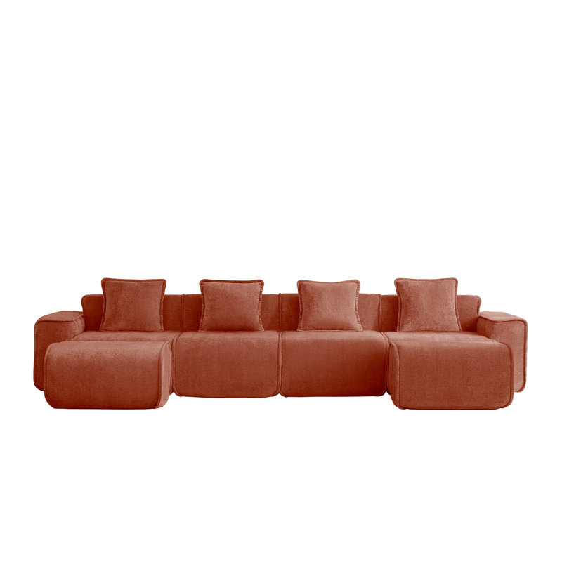 Canapé modulaire rouge désossé avec passepoil français et 2 repose-pieds - sans assemblage