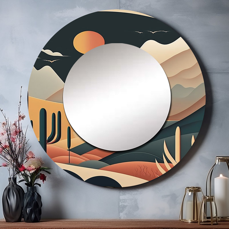 Pleine lune sur les montagnes du désert - miroir décoratif de montagnes, miroir mural rond traditionnel, impression d'art en métal