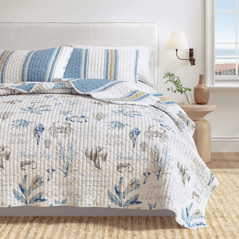 Ensemble de courtepointe réversible bleu / taupe, Courtepointe pour lit simple + 1 taie décorative 