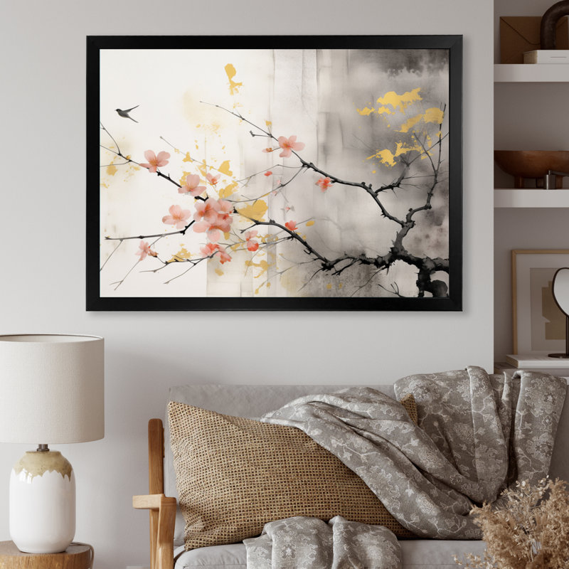 Art asiatique Sumi Blossom I - art mural asiatique, Cadre simple noir, H 30 po x l 40 po x P 1,5 po