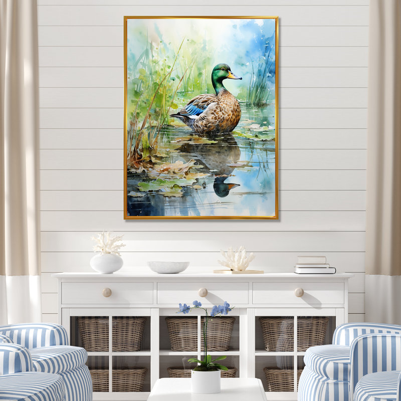 Duck Pond Reflections I - Duck Animal, art mural, Cadre flottant doré, H 32 po x l 24 po x P 1 po
