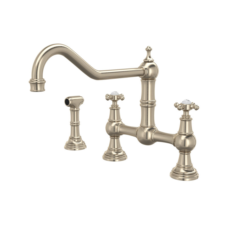 Edwardian Extended Spout Bridge Kitchen Faucet With Side Spray, Satin Nickel