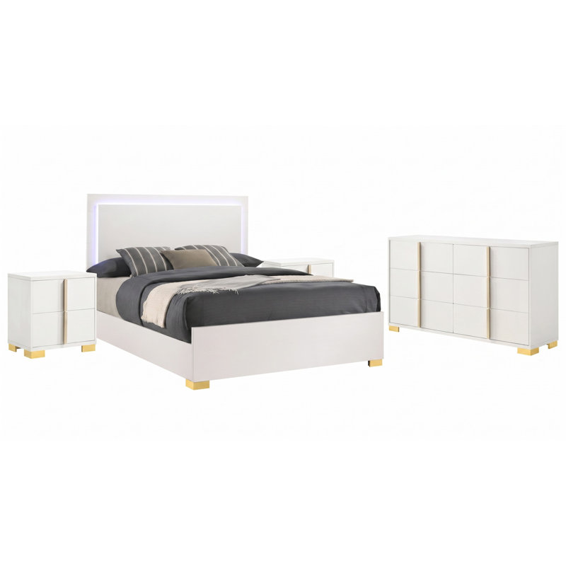 Ensemble de chambre à coucher 4 pièces Maxwell, White, 4 Pcs: Bed, Dresser, 2 Nightstands, King