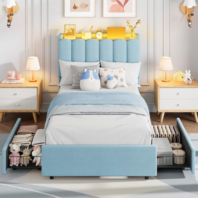 Twin LED Bed Frame, Storage Headboard, 2 Drawers, Boucle Upholstered Platform Bed, Blue