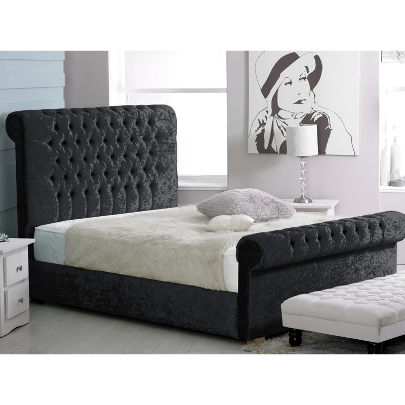 Coraline Upholstered Bed, Black Crush Velvet, Double (4'6)