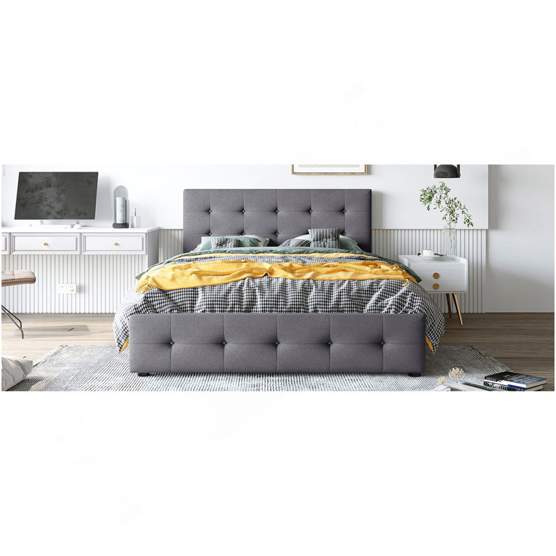 Lit plateforme tapissier avec tête de lit classique et 4 tiroirs, sans sommier tapissier, tissu en lin, grand lit gris foncé