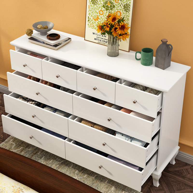 55.1'' W 10 - Drawer Dresser, White/Silver