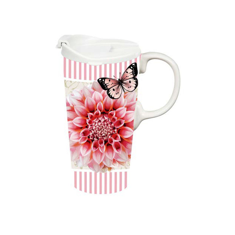 Boîte-cadeau en céramique avec papillon et fleur de dahlia, 17 oz