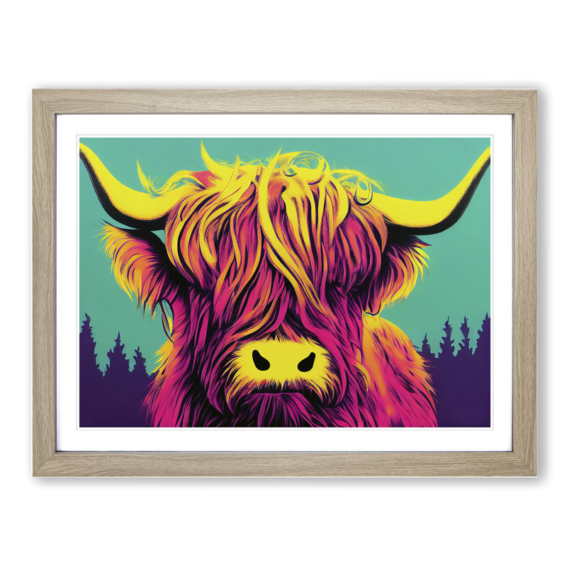 Colourful Highland Cow Vol.4 1 Piece Single Picture Frame Wall Art, 46cm H x 64cm W x 2cm D, Oak Framed