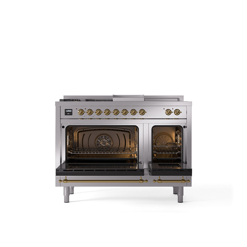 ILVE Nostalgie II 48 in Dual Fuel Range, 5 Burner, Griddle, Frenchtop, Stainless Steel/Brass, Natural Gas