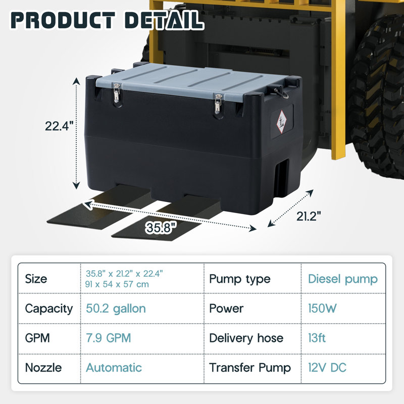 Réservoir de carburant portable, capacité de 50 gallons et débit de 8 GPM, réservoir de transfert de carburant en PE avec pompe de transfert électrique de 12 V et tuyau en caoutchouc de 13,1 pi, noir