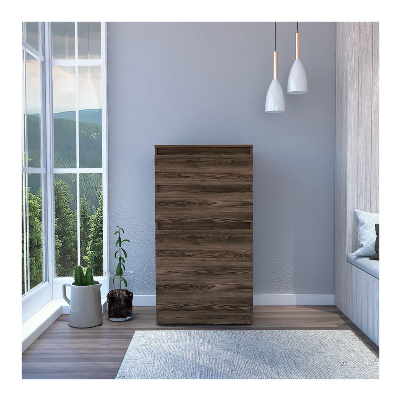 Commode Asturias en noyer foncé avec boîte à bijoux et miroir - Commode de rangement pour chambre à coucher avec armoire à une porte