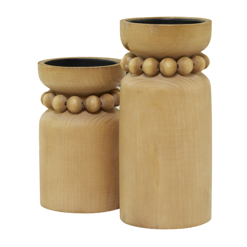 Wood Beaded Pillar Decorative Candle Holder Set, 8.10" H x 3.70" W x 3.7" D, Brown