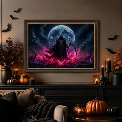 Personnage sombre encapuchonné tenant une faux sur toile rose lumineuse, art mural d'Halloween