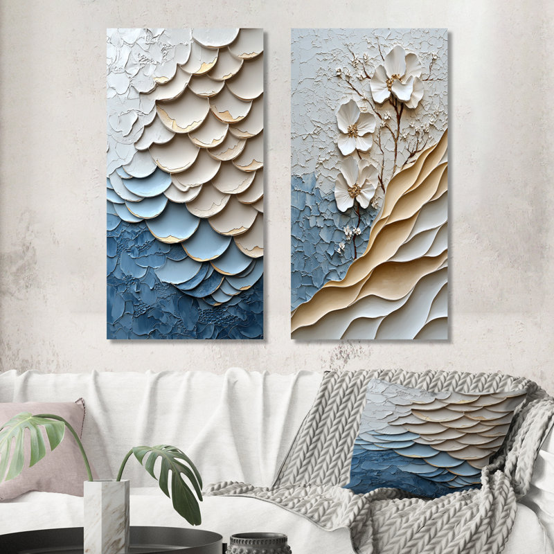 Ensemble de 2 pièces d'art mural blanc et bleu, Ne s’applique pas, Toile tendue sur cadre, H 28 po x l 24 po