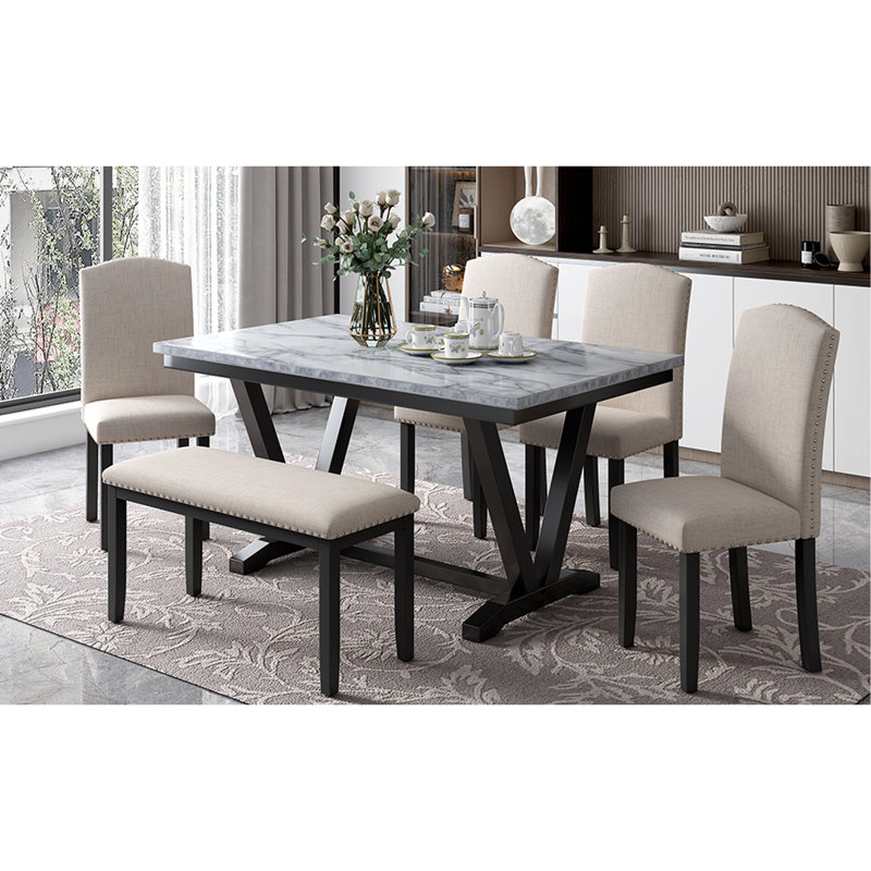 Table de salle à manger de style moderne 6 pièces avec 4 chaises, 1 banc, une table avec placages marbrés et des pieds de table en forme de V (blanc)