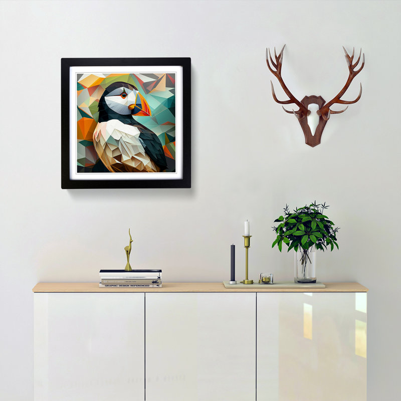 Puffin Cubism - Single Picture Frame Print on Wood, Black
