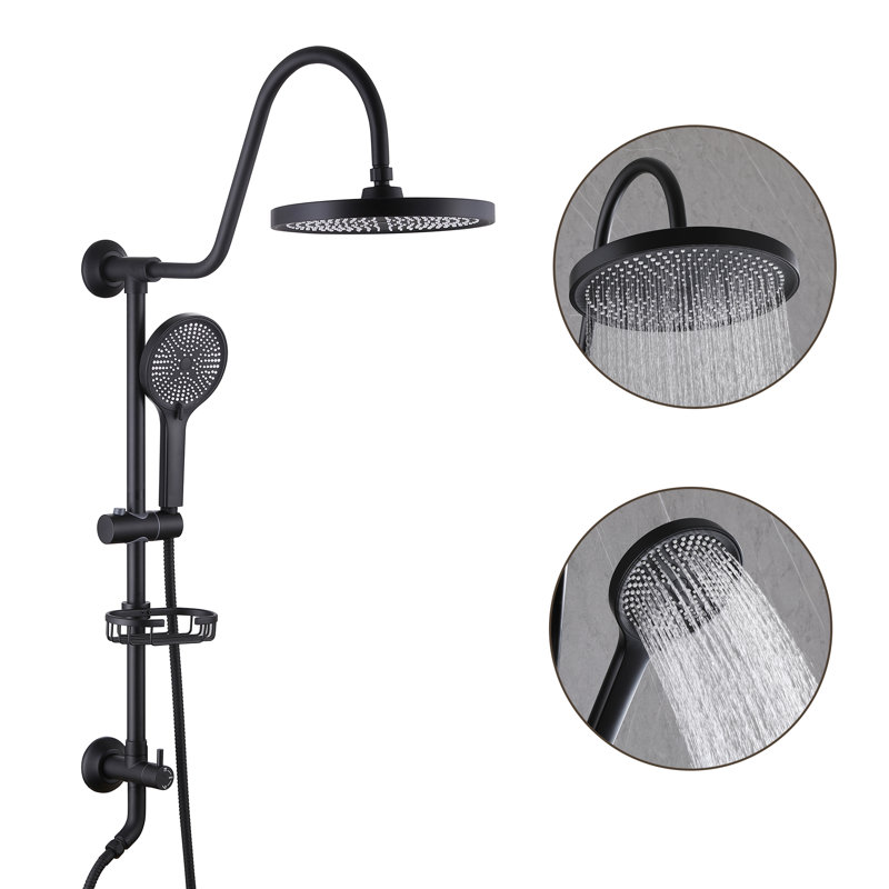 10" Exposed Shower System 8 Inch Rainfall Shower Head 3 Functions, Wall Mounted Bathroom Shower Set with Shower Shelf with Rough-in Valve