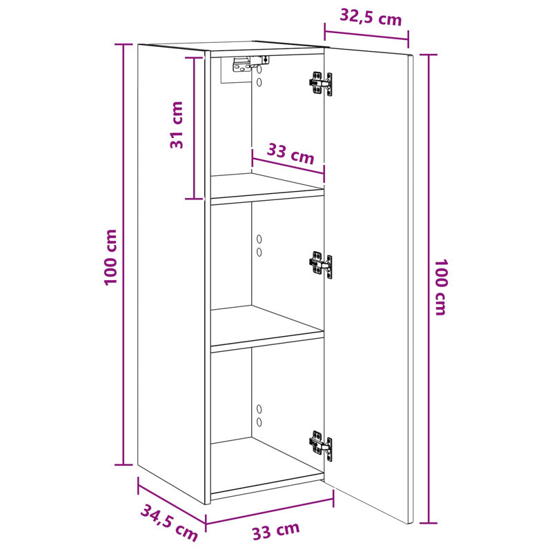 Engineered Wood Linen Cabinet, Smoked Oak, 100cm H x 33cm W x 34.5cm D