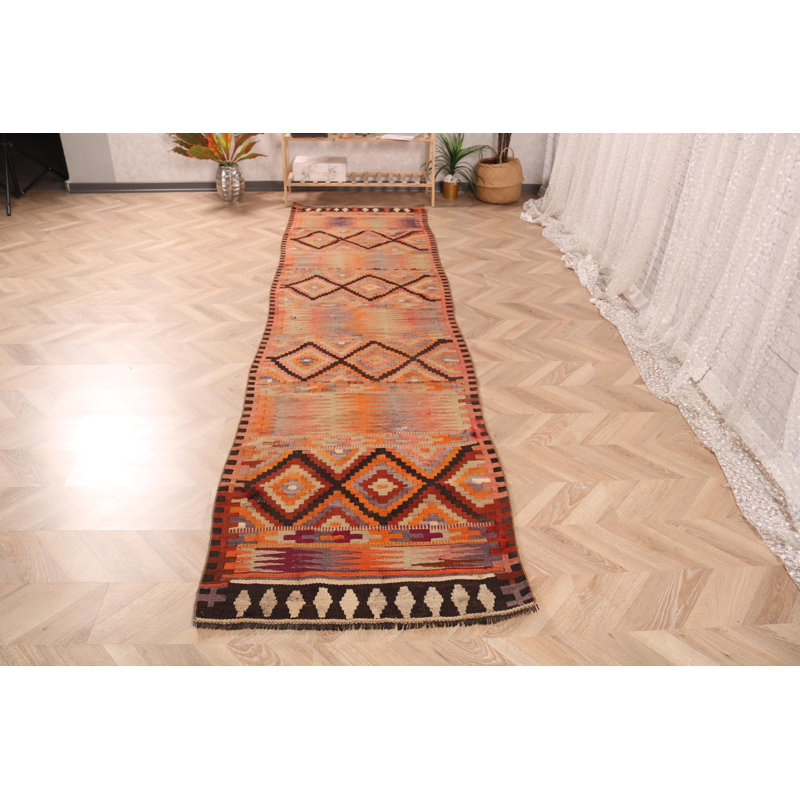 Exquis chemin de table Kilim turc rétro avec des nuances d'automne et des motifs géométriques uniques en laine