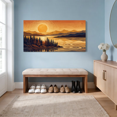 Coucher de soleil, paysage avec montagnes et pins, reproduction d'art sur toile tendue sur toile, ensemble de 1