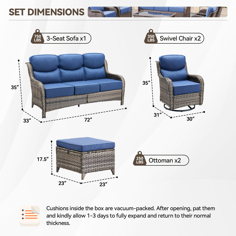 Ensemble de conversation canapé en osier / rotin 5 pièces avec coussins de 6 po Meriline, Bleu, Gris