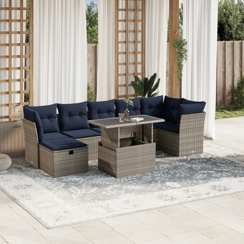  Ensemble de canapé de patio 8 pièces avec coussins en rotin de polyester, Gris, Bleu