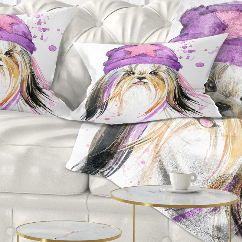 Élégant chiot avec un chapeau mauve - Coussin décoratif à imprimé animal