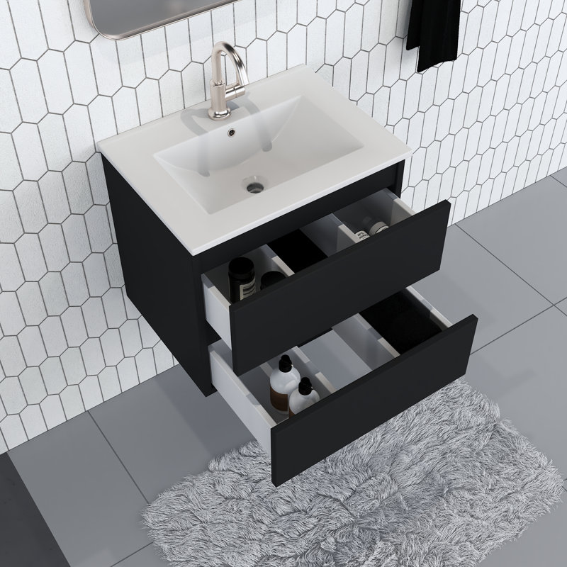 Ensemble de meuble-lavabo simple mural flottant en céramique 24 po Salt, Noir