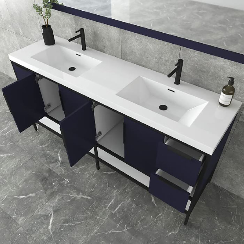 83.19'' Double Bathroom Vanity with Top, Dark Blue