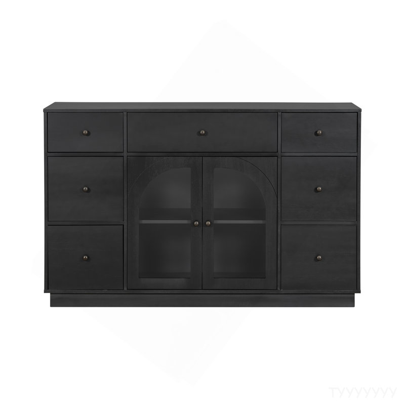 Cabinet With Storage For Living And Dining Room Entrance, Large Size, 2 Doors And 7 Drawers, Black, Black