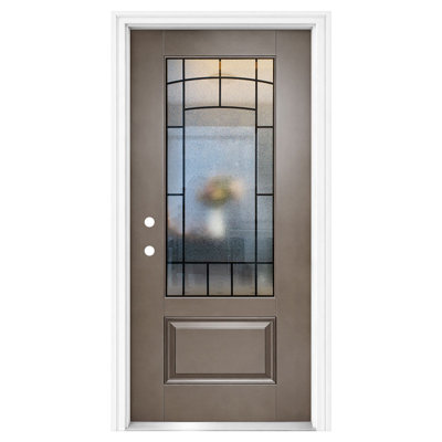 Porte d'entrée de luxe en fibre de verre 36 po x 80 po avec cadre en vinyle, verre à motif nuage, porte extérieure en fibre de verre Knock-Down, brun