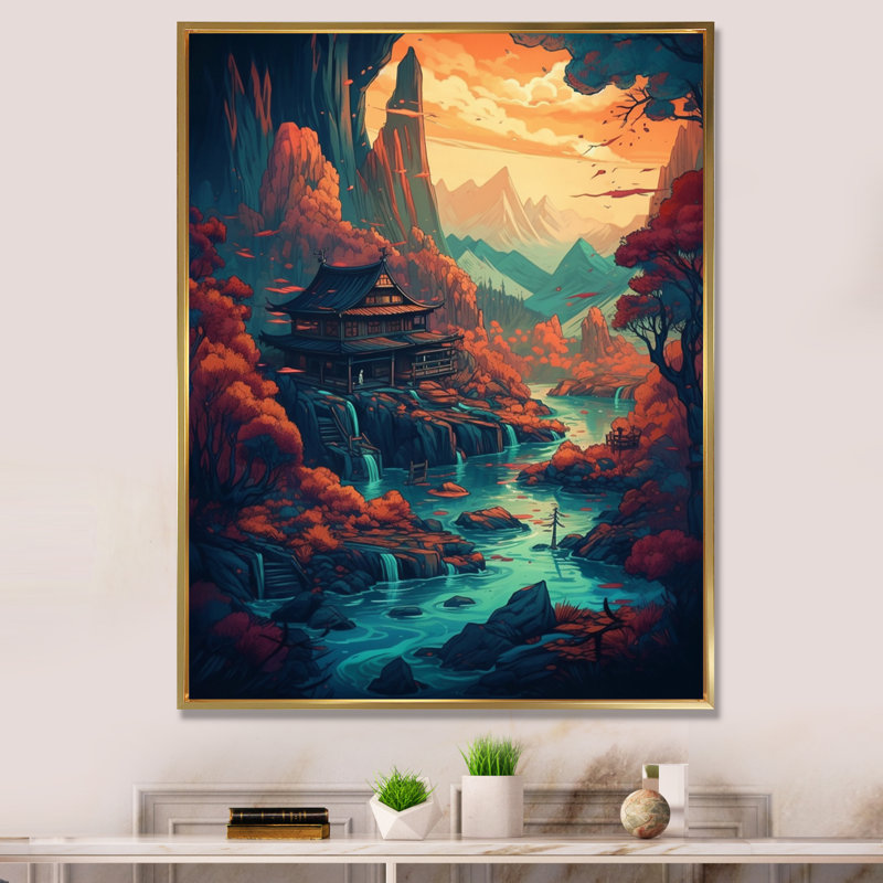 «Mountain Top Asian Inspired Home II», reproduction sur toile, H 20 po x l 12 po x P 1 po, Cadre flottant doré