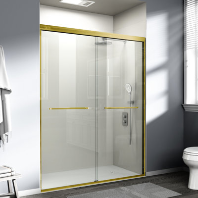 56 - 60 Inch Wide Double Sliding Semi Shower Door With 1/4 Tempered Glass, Brushed Gold, Smooth And Quiet Sliding, Adjustable Width For Large Bathrooms 60" W X 72" H Bathroom Of 1/4"  6Mm  Reversible