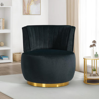 Esung 364-Degree Swivel Barrel Chair, Modern Velvet Round Upholstered Accent Chair with Gold Base for Living Room & Nursery, Black