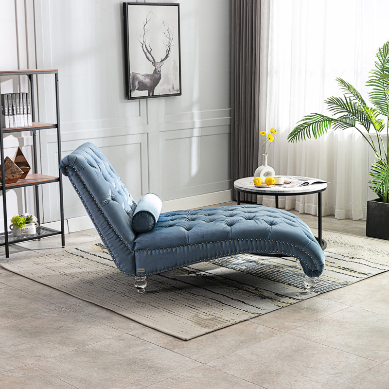 Chaise longue d'intérieur rembourrée capitonnée à boutons avec coussin, Bleu pâle