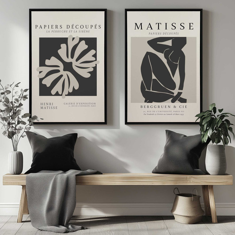 Ensemble de 2 Matisse La Perruche et Nus Noir, H 19 po x l 26 po, Cadre américain en érable flottant