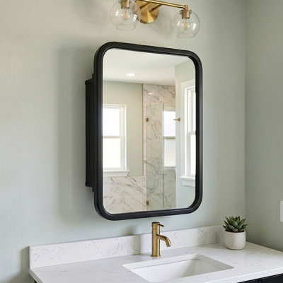 76cm H x 50cm W Black Rectangle Metal Framed Mirror Cabinet Wall Mounted Medicine Cabinet 3-Tier Bathroom Storage Cabinet