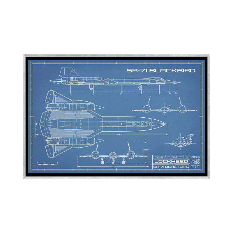 « SR-71 »-plan d’un avion d’espion-dessin imprimé, Pas de tapis, H 40 po x l 60 po x 1,5 po, Toile avec cadre argent