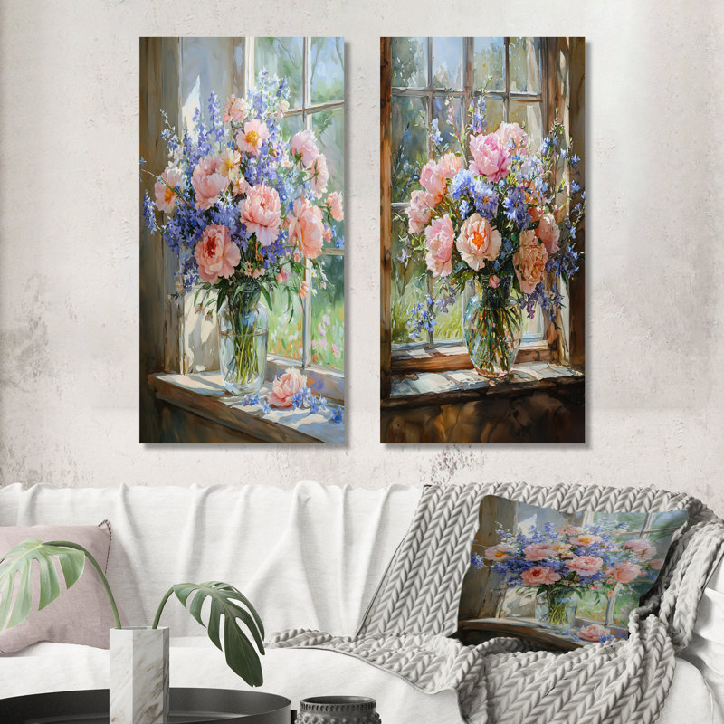 Bouquet de fleurs pastel d'été à la grange I - Décoration murale florale 2 panneaux, H 28 po x l 25 po, Toile tendue