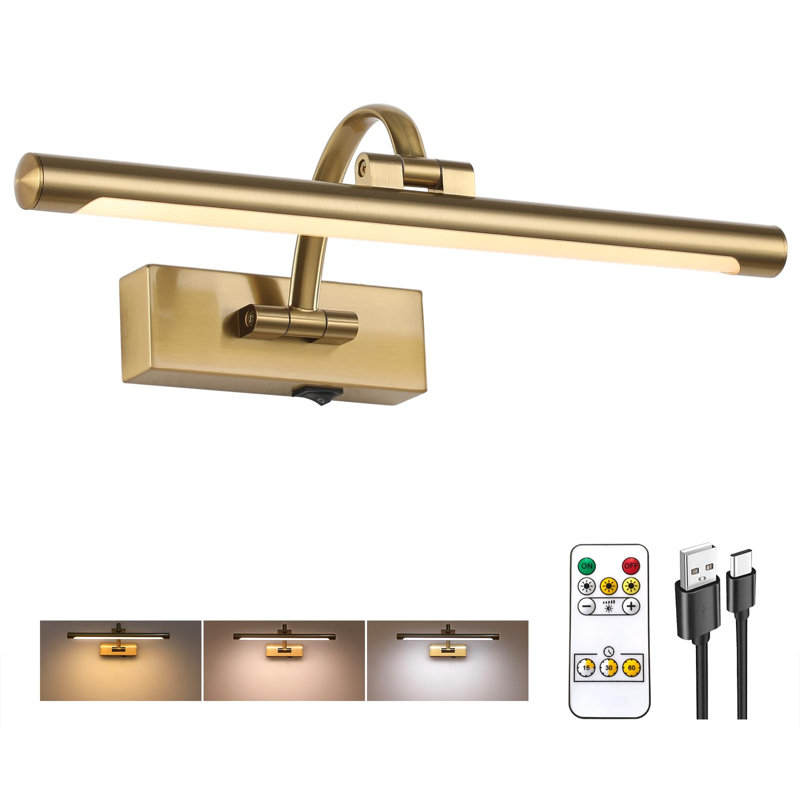 Éclairage sans fil pour art mural rechargeable à piles pour peinture, 3 CC à intensité variable, finition laiton 15,7 po avec télécommande, rotatif