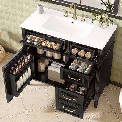 Meuble-lavabo de 36 pouces avec comptoir en céramique, structure en bois massif et armoire en panneau de fibres à densité moyenne, tiroir rabattable avec tablette réglable et poignées en métal, armoire de rangement autoportante (robinet non inclus)