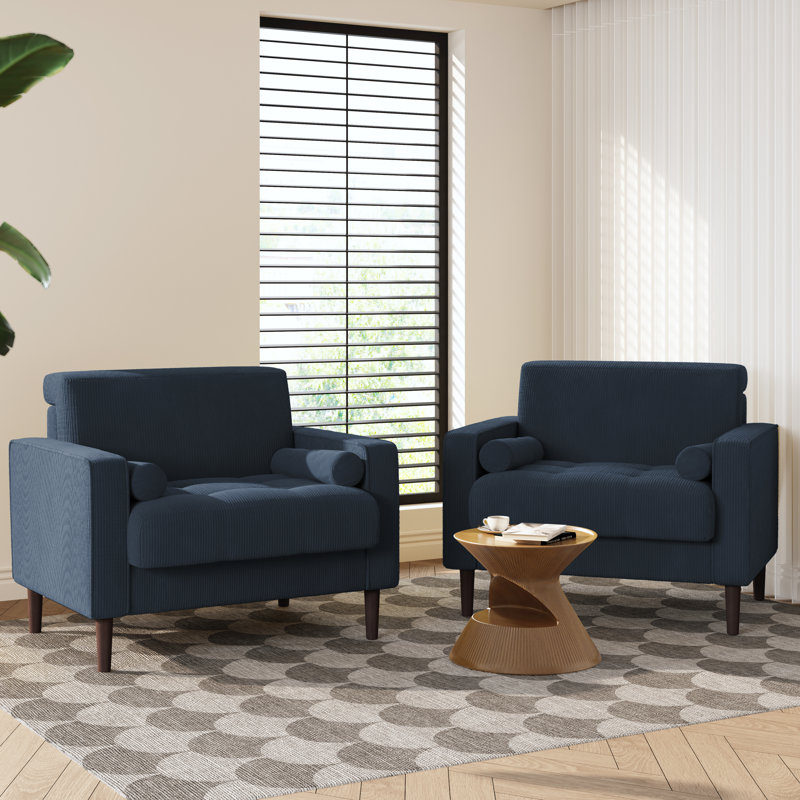 Iliana 34.6'' Wide Square Arm Tufted Club Chair with 2 Pillows, Navy Blue Corduroy